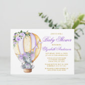 紫のフローラバルーンエレファントボウ赤ちゃんシャワー 招待状 (スタンド正面)