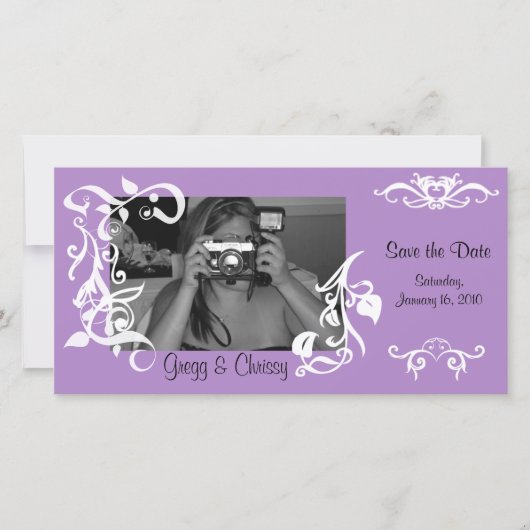 紫のフローラフォトカード セーブザデート (正面)