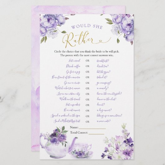 紫のフローラブライダルシャワーお茶は彼女が好き (正面/裏面)