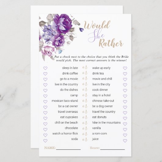 紫のフローラブライダルシャワーは彼女はむしろゲームをする (正面/裏面)