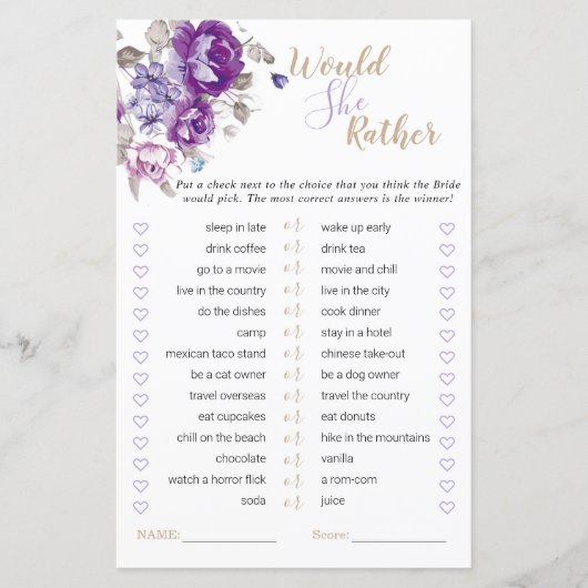 紫のフローラブライダルシャワーは彼女はむしろゲームをする (正面)