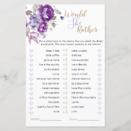 紫のフローラブライダルシャワーは彼女はむしろゲームをする