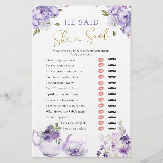 紫のフローラブライダルシャワー茶と彼は言った (正面)
