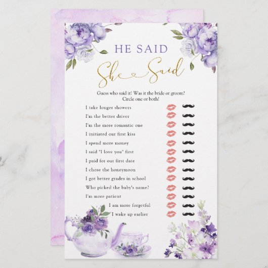 紫のフローラブライダルシャワー茶と彼は言った (正面/裏面)