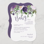 紫のフローラベビーガールシャワーブラケット 招待状 (正面/裏面)