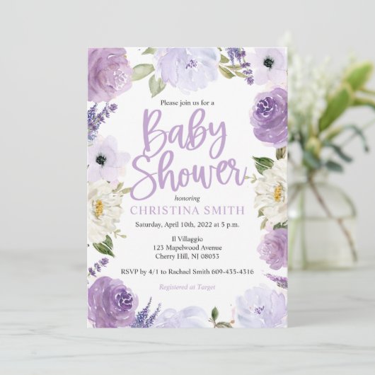 紫のフローラベビーシャワー招待状 招待状 (スタンド正面)