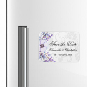 紫のフローラベリーリース結婚式の日付を保存 マグネット
