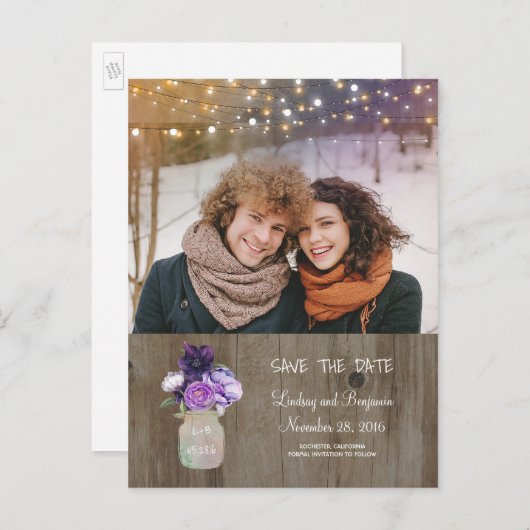 紫のフローラメイスン素朴ジャー写真の保存日付 案内ポストカード (正面/裏面)