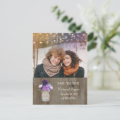 紫のフローラメイスン素朴ジャー写真の保存日付 案内ポストカード (スタンド正面)