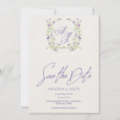 紫のフローラモノグラム結婚式の日付を保存 セーブザデート (正面)