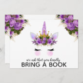 紫のフローラユニコーンプリンセスが本を持ってくる 招待状 (正面/裏面)