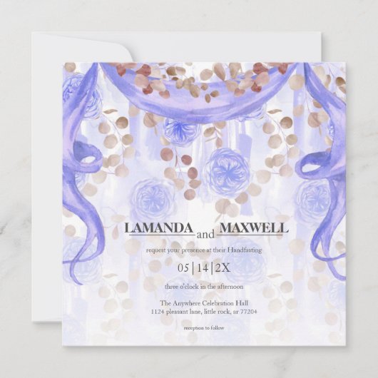 紫のフローラリボンのハンドスティング | 秋の結婚式 招待状 (正面)
