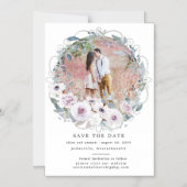 紫のフローラリース日付磁気カードを保存 マグネット招待状 (正面)