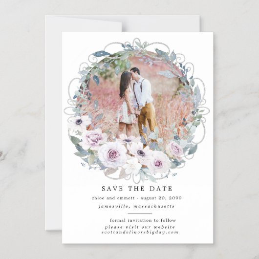 紫のフローラリース日付磁気カードを保存 マグネット招待状 (正面)