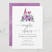 紫のフローラワインテイスティングカップルのシャワー 招待状 (正面/裏面)