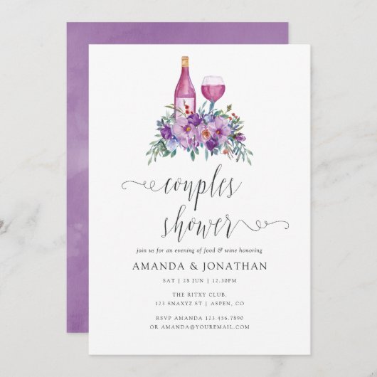 紫のフローラワインテイスティングカップルのシャワー 招待状 (正面/裏面)