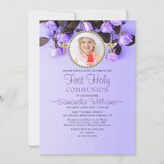 紫のフローラ写真第1聖餐式 招待状 (正面)