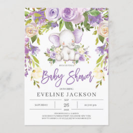紫のフローラ女の子素朴象の赤ちゃんシャワー 招待状
