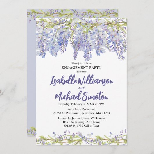 紫のフローラ婚約パーティ招待状 招待状 (正面/裏面)