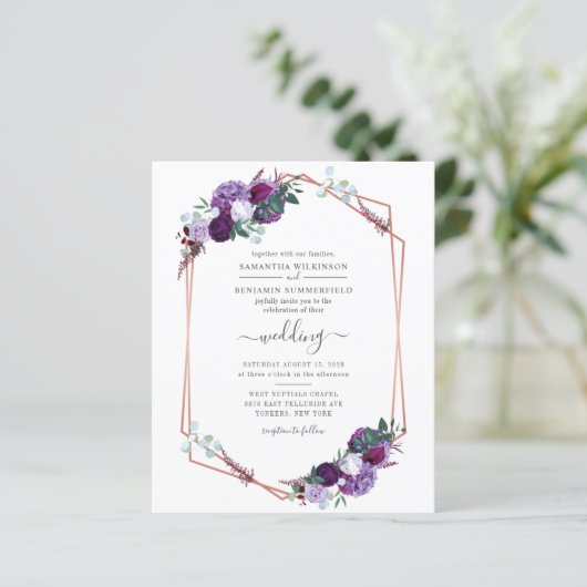 紫のフローラ幾何学模様の結婚式招待状 (スタンド正面)