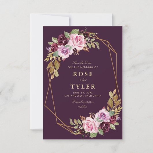 紫のフローラ幾何学模様は日付カードを保存 セーブザデート (正面)