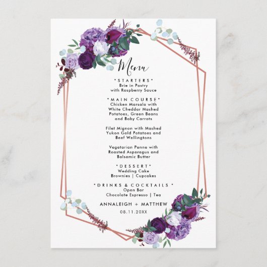紫のフローラ幾何学的ウェディングレセプション メニュー (正面)