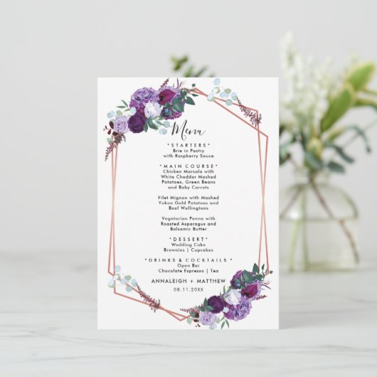 紫のフローラ幾何学的ウェディングレセプション メニュー (スタンド正面)