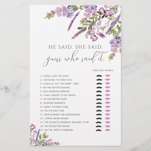 紫のフローラ彼は彼女はブライダルシャワーゲームを言った (正面)