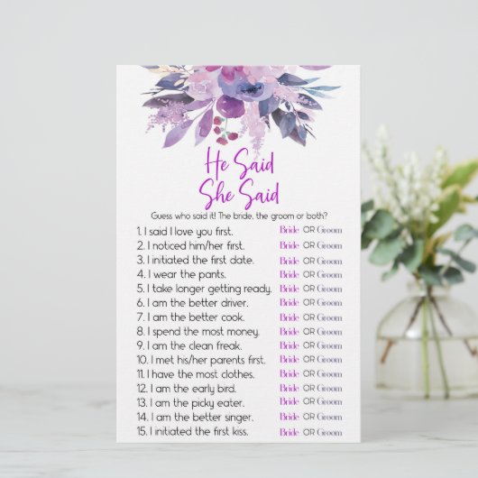 紫のフローラ彼は彼女はブライダルシャワーゲームを言った 便箋 (スタンド正面)