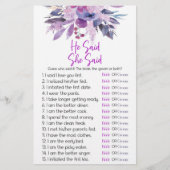 紫のフローラ彼は彼女はブライダルシャワーゲームを言った 便箋 (正面)