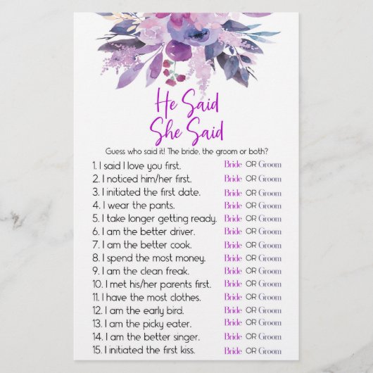 紫のフローラ彼は彼女はブライダルシャワーゲームを言った 便箋 (正面)