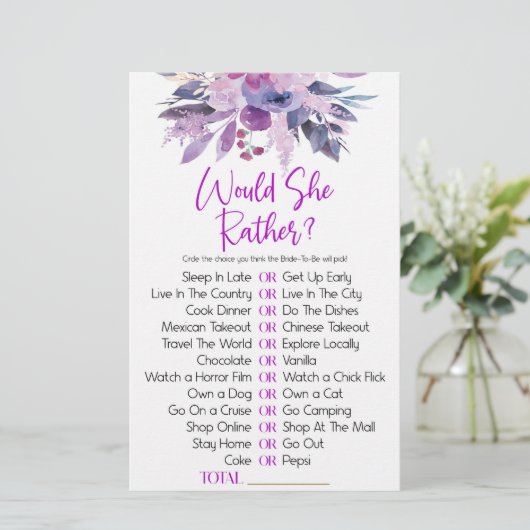 紫のフローラ彼女はむしろブライダルシャワーゲーム 便箋 (スタンド正面)