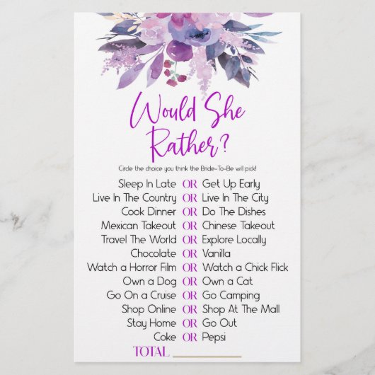 紫のフローラ彼女はむしろブライダルシャワーゲーム 便箋 (正面)