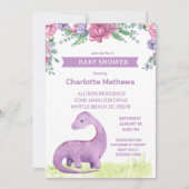 紫のフローラ恐竜の赤ちゃんシャワー 招待状 (正面)