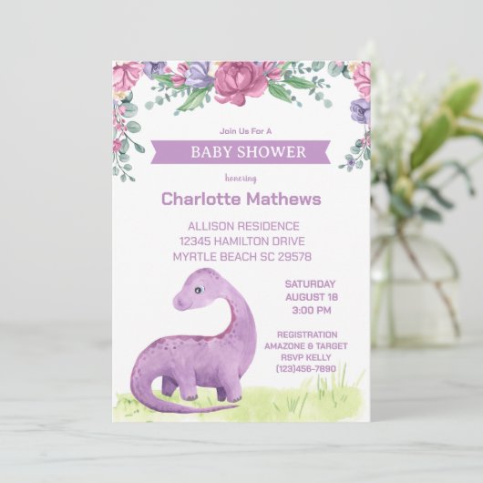 紫のフローラ恐竜の赤ちゃんシャワー 招待状 (スタンド正面)