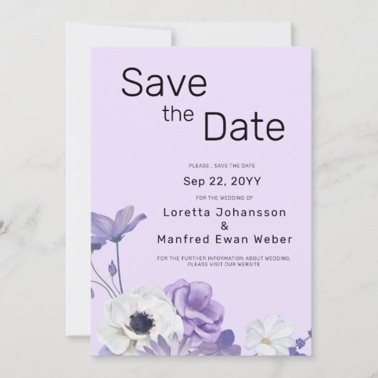 紫のフローラ日付の保存招待状 セーブザデート (正面)