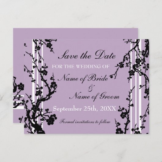 紫のフローラ日付の結婚はがきを保存 案内ポストカード (正面/裏面)