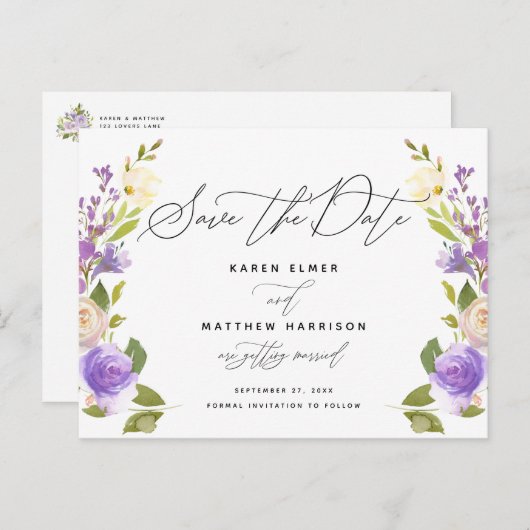 紫のフローラ書の日付を保存 案内ポストカード (正面/裏面)