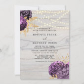 紫のフローラ木製の光の結婚列 招待状 (正面)
