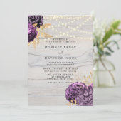 紫のフローラ木製の光の結婚列 招待状 (スタンド正面)