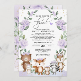 紫のフローラ森林動物の赤ちゃんシャワー 招待状