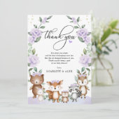 紫のフローラ森林緑化動物の赤ちゃんシャワー サンキューカード (スタンド正面)