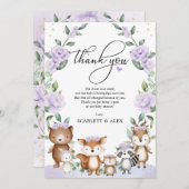 紫のフローラ森林緑化動物の赤ちゃんシャワー サンキューカード (正面/裏面)