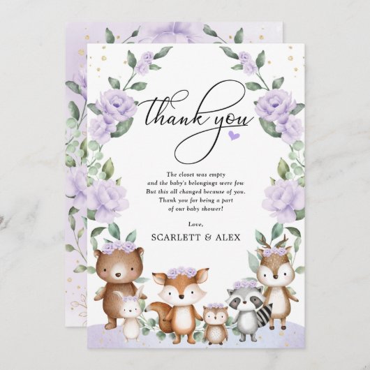紫のフローラ森林緑化動物の赤ちゃんシャワー サンキューカード (正面/裏面)