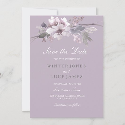 紫のフローラ水の色を保存する日付招待状 セーブザデート (正面)