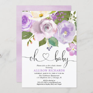 紫のフローラ水彩少女のベビーシャワー 招待状