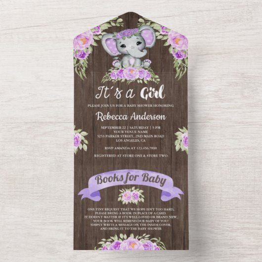 紫のフローラ水彩象の木の赤ちゃんシャワー オールインワン招待状 (内側)
