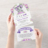 紫のフローラ水彩象の赤ちゃんシャワー オールインワン招待状 (貼ってはがせる)