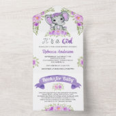 紫のフローラ水彩象の赤ちゃんシャワー オールインワン招待状 (内側)