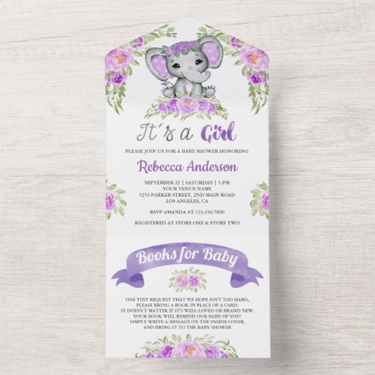 紫のフローラ水彩象の赤ちゃんシャワー オールインワン招待状 (内側)